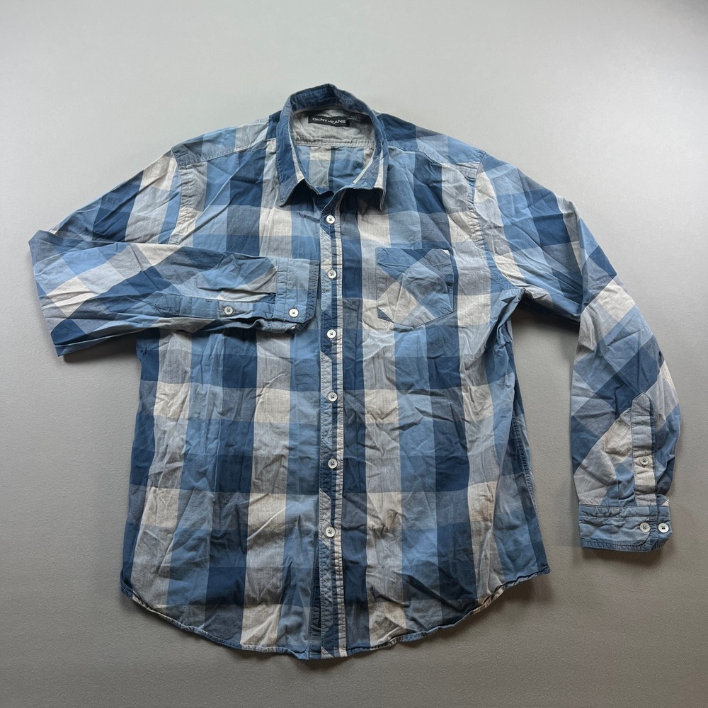 Dkny Shirt Mens Large Multicolor Check Cotton Shirttail Hem Back Box Button Up